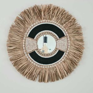 Raffia wandspiegel rond zwart M