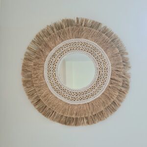 Ronde wandspiegel raffia/kralen Hina